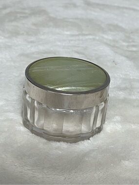 Vintage Art Deco Cream/Powder Jar Beveled Glass With Green Celluloid Lid